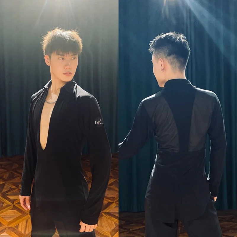 

Men V-Neck Long Sleeved Training Clothes Chacha Rumba Tango Dress Latin Dance Performance Clothes Latin Dance Tops