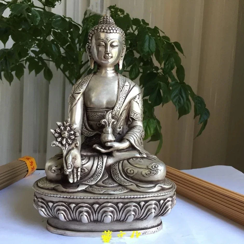 Budismo plata China bem dragón Po Sang buda asiento de loto escultura estatua medicinal