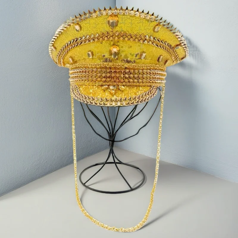 HongLuan Chapéu de capitão com laço de couro amarelo laser strass e bonés militares para mulheres, acessórios para festivais rave e boné de festa masculino