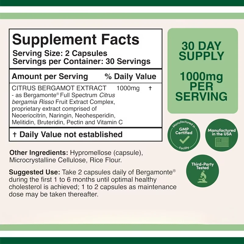 Suplemento de bergamota cítrica extracto de bergamota -1000 miligramos (60 cápsulas vegetarianas)