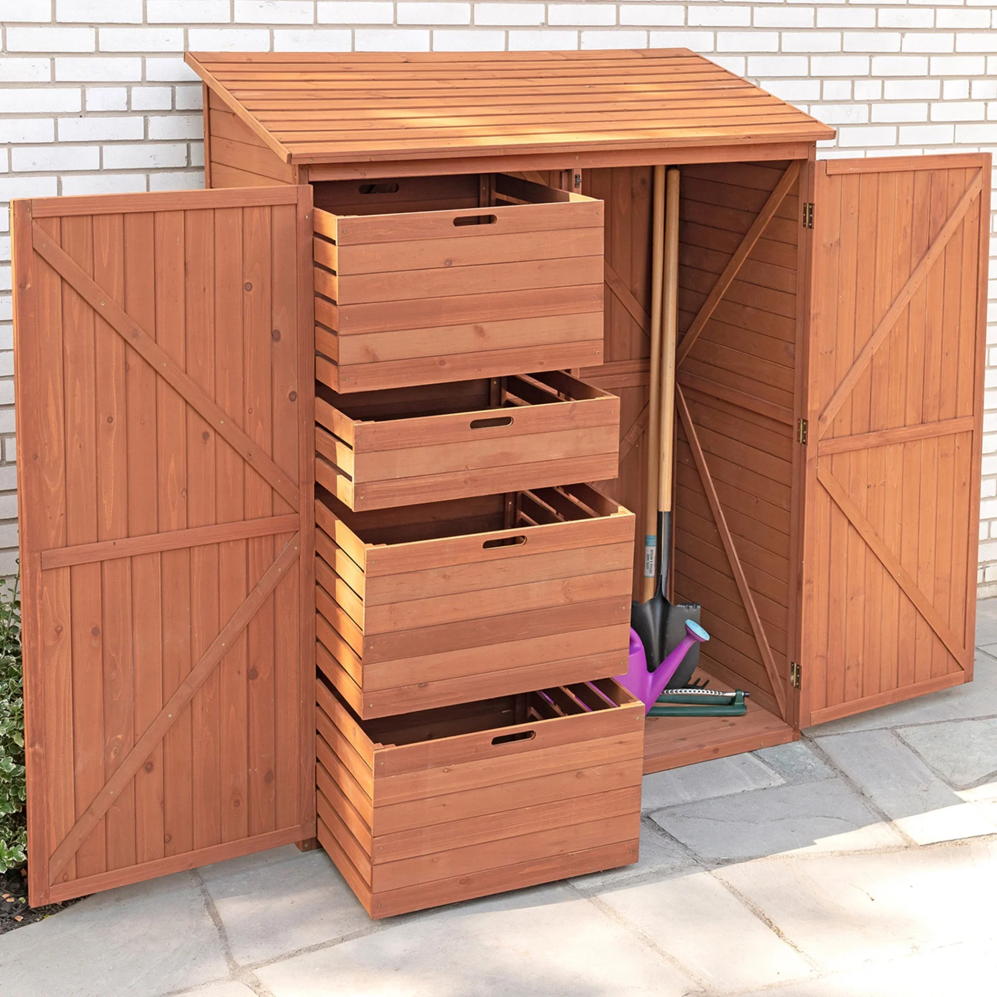 Outdoor Garden Waterproof Wooden Storage Shed With Pull Out Crates