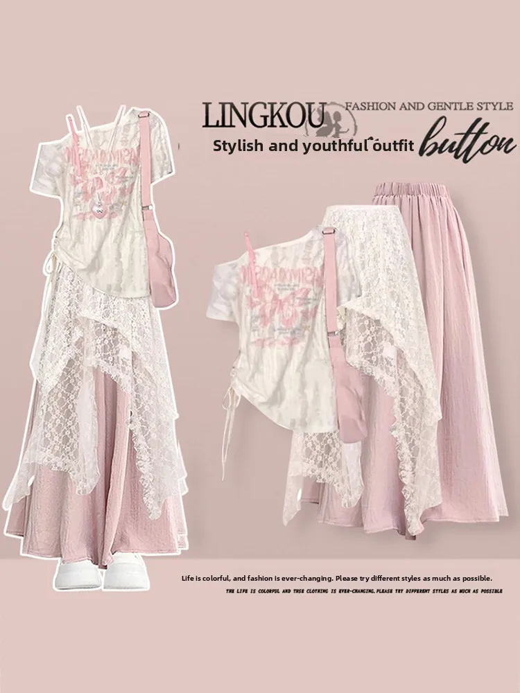 Sweet Style plus Size Summer Fashion Women's Pure Desire Age Reduction Diagonal Shoulder Top Casual Pants Layering Lace Skirt...