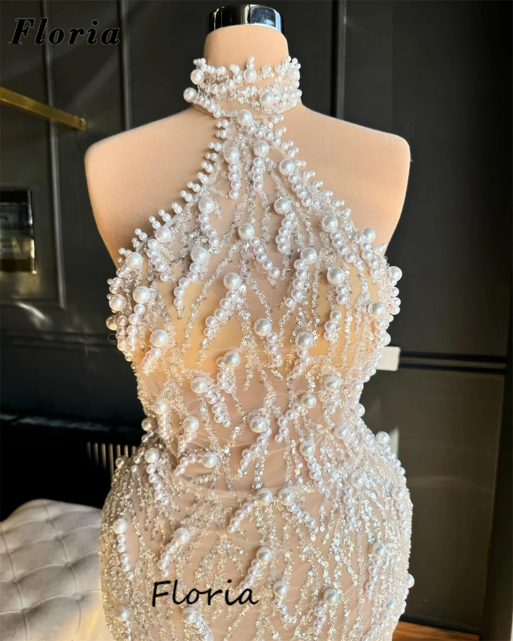 Vestido largo árabe para fiesta de graduación, traje de noche con cuello Halter y perlas, con abertura lateral, elegante, con cuentas, para cóctel y bodas