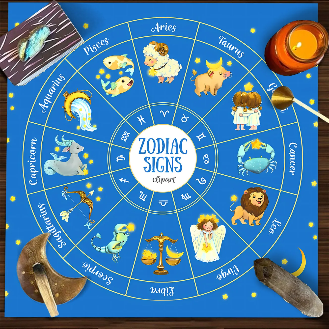 VIKAMA Blue Cute Cartoon Zodiac Signs Kawaii Tarot Reading Cloth Mystical Occult Altar Cloth Divination Mat Durable Psychic Gift