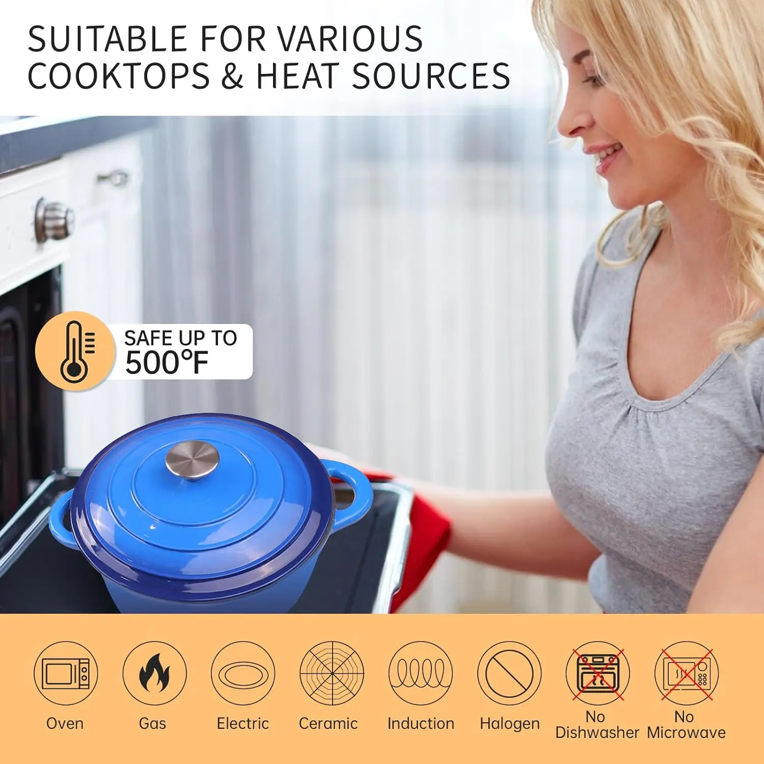 Horno holandés de hierro fundido esmaltado de 6 cuartos con tapa y accesorios de silicona, olla para horno holandesa redonda con tapa, asas dobles, apto para horno hasta 5