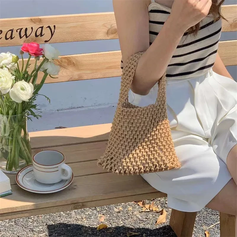 Handmade Woven Mesh Bucket Bag para mulheres, bolsa oca, sacos portáteis, piquenique ao ar livre