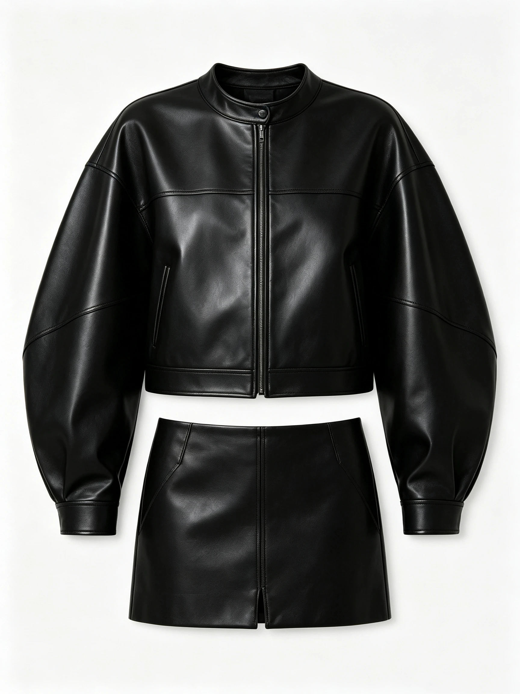 Women's Oversized Faux Leather Jacket with Collarless Neck and Zip Front