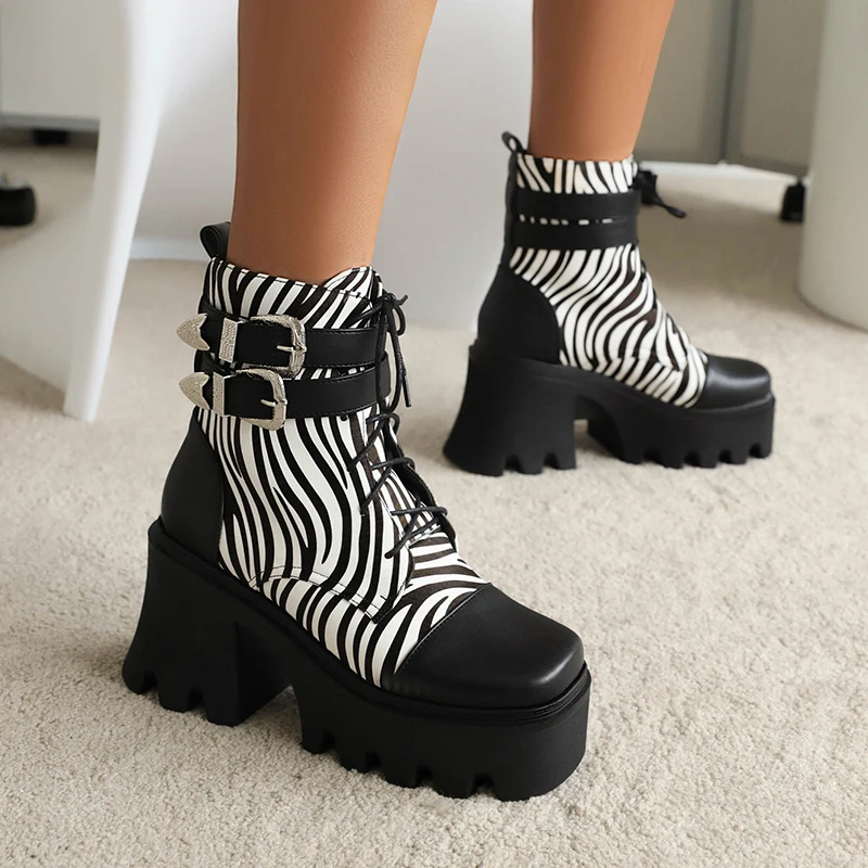 

Super High Cutout Heel Square Toe Women's Ankle Boots Zebra Print Mixed Colors Double Row Metal Buckle Cross Lace Short Boots