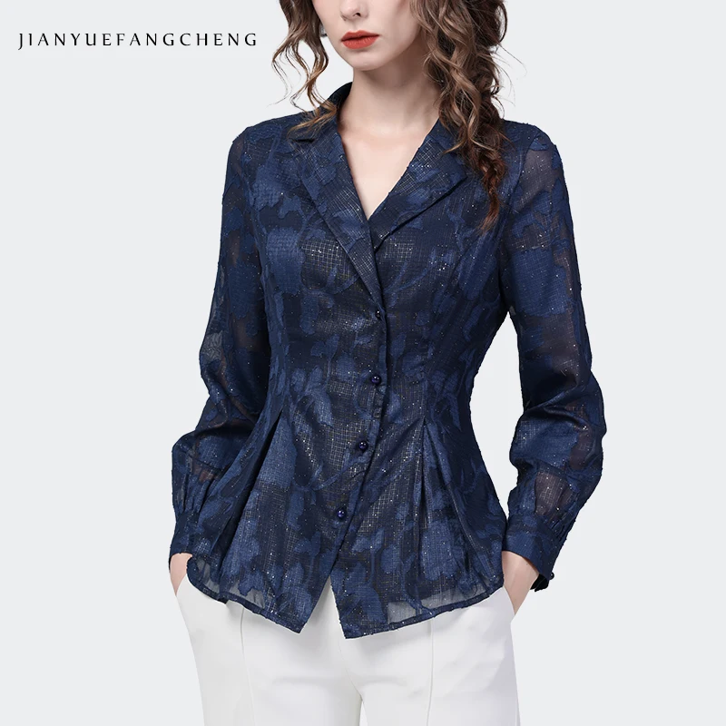 Elegant Suit Collar Women Chiffon Floral Blouse Long Sleeve V-neck Cinch Waist Embroidered Shirts Vintage Spring Summer Tops