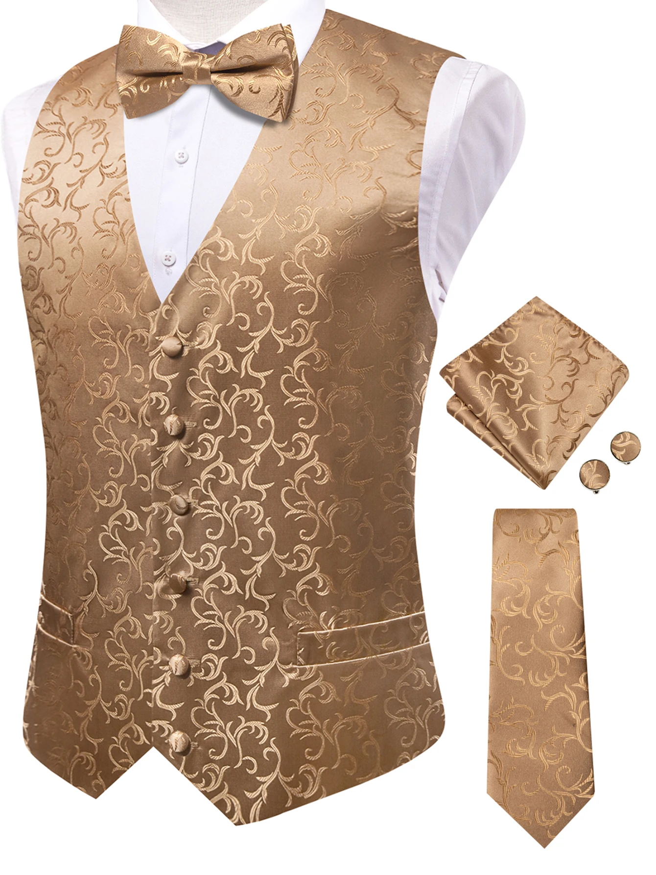 Men's Tropical Jacquard V-neck Suit Vest With Butterfly Bow Tie Tie Pocket Square Cufflinks 5-Piece Set Suitable for Weddings