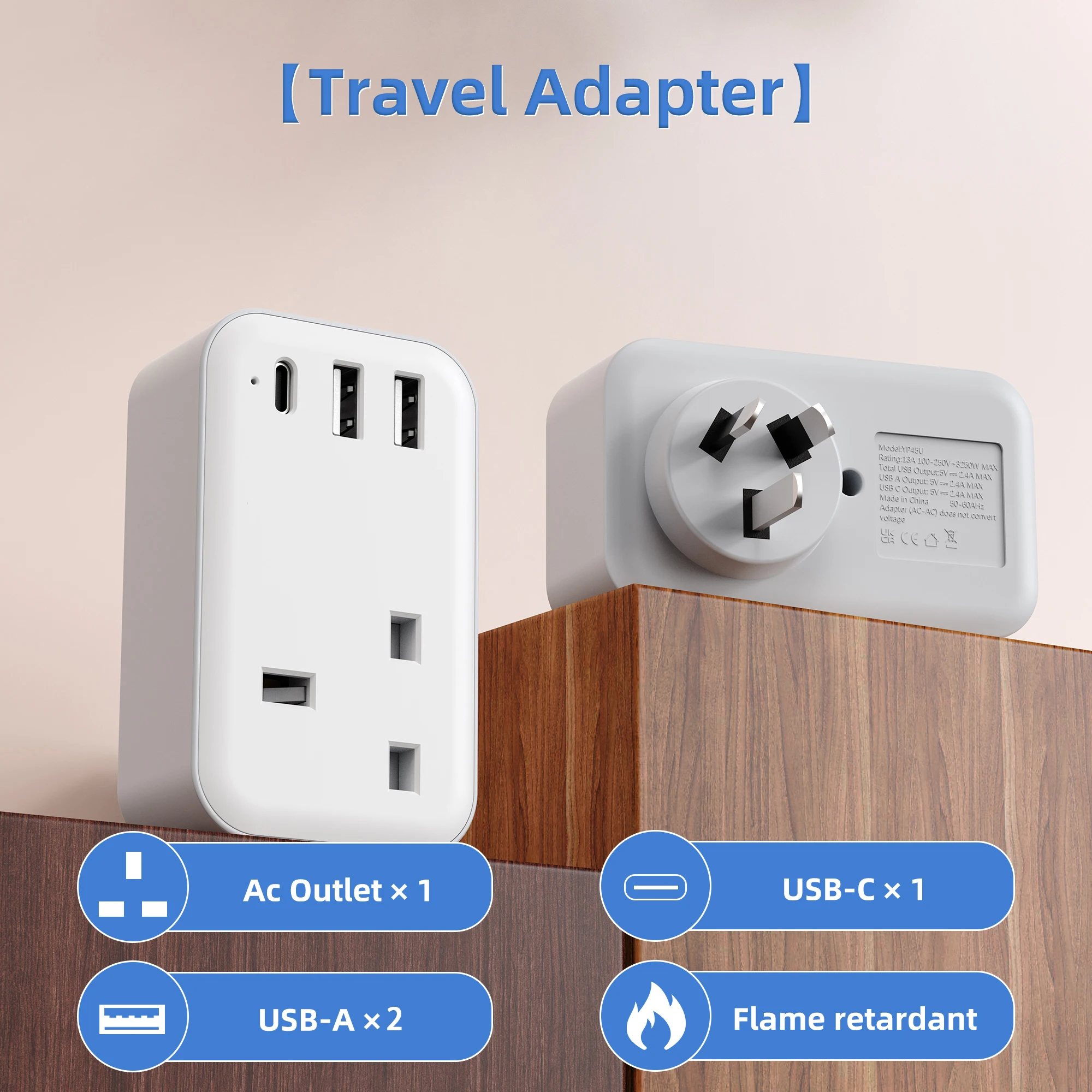 3-in-1 Travel Adapter, UK to AU Travel Adaptor High-power AC Socket + 2A1C Fast Charging Ports,Surge protection, safer charging