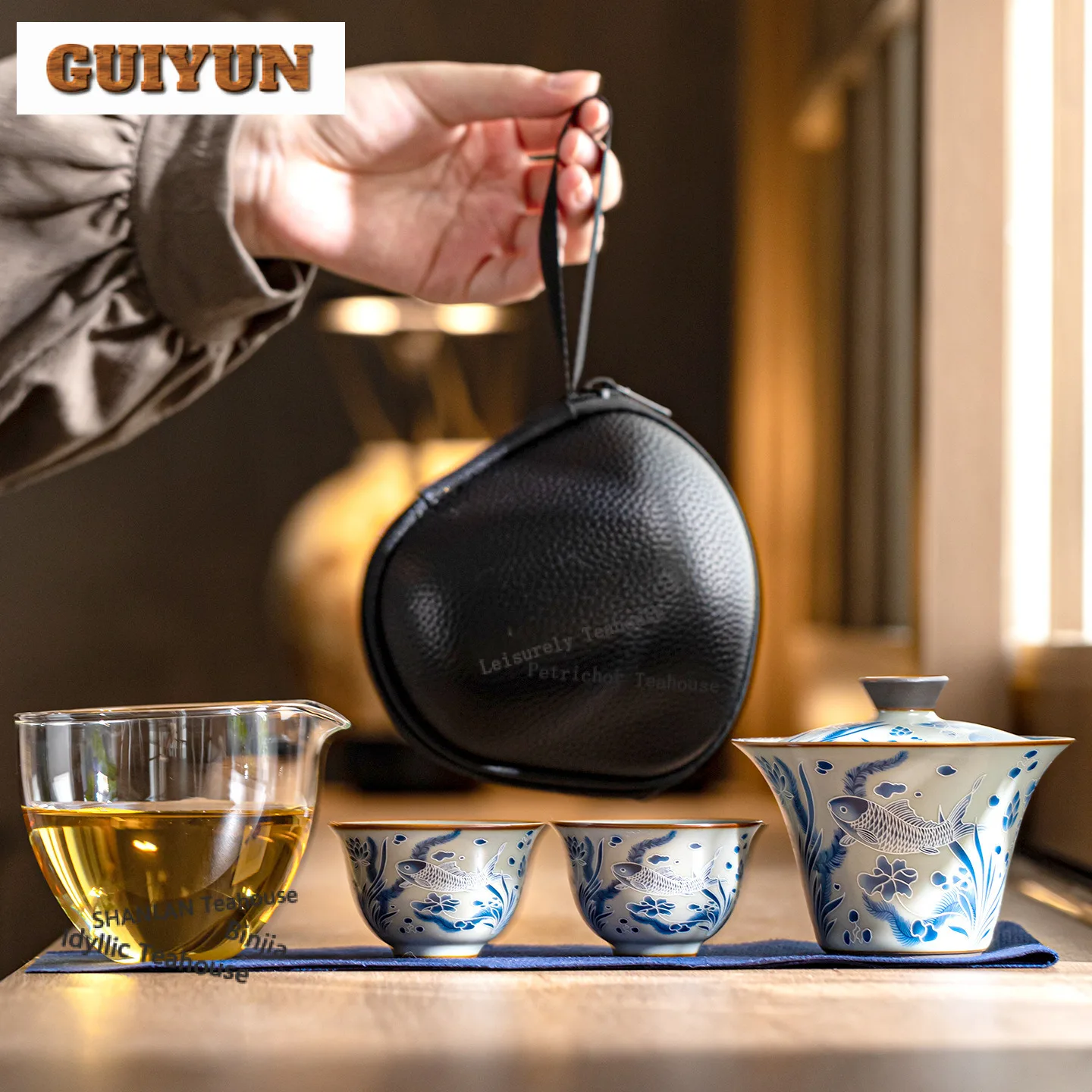 Ru Kiln Hand Painted Fish Algae Pattern Travel Tea Set Kit Retro 1 Bowl 2 Cups Tea Brewing Organizer Portable Camping Stock Bags