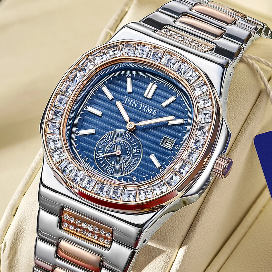 Luxury Inspired Men's Watch Luminous Date Display Square Shaped Quartz Watch Gold Plated With Diamonds Gentlemen's Wristwatch