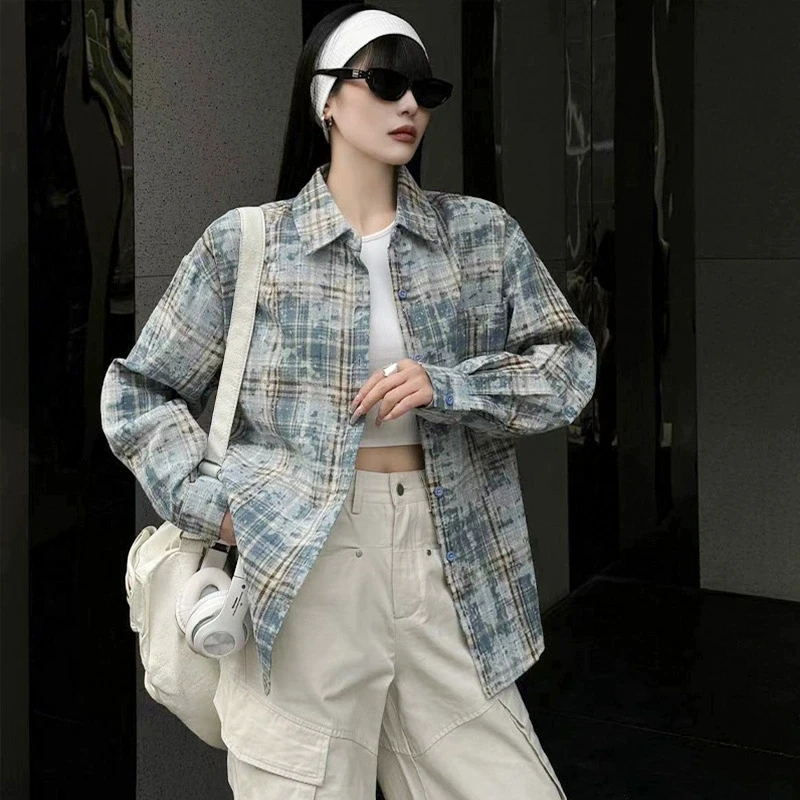Y2K Streetwear Trend Tie Dye Printed Women Shirts Oversized Single-Breasted Loose Plaid Blouse Korean Personality Lapel Shirt
