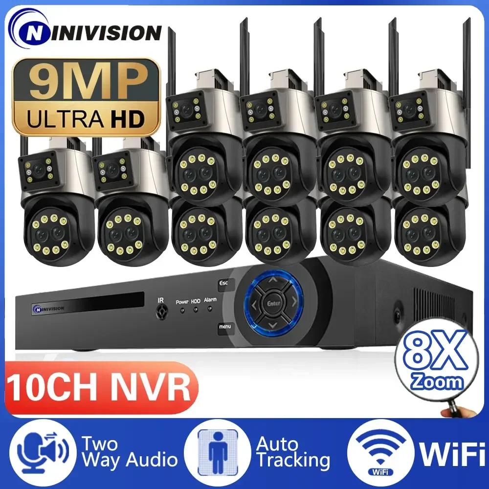 9MP 5K Three-Lens Dual-Screen 10CH 4K NVR ICsee Wifi PTZ Control Wireless Video Surveillance Kit Security System 8X Digital Zoom