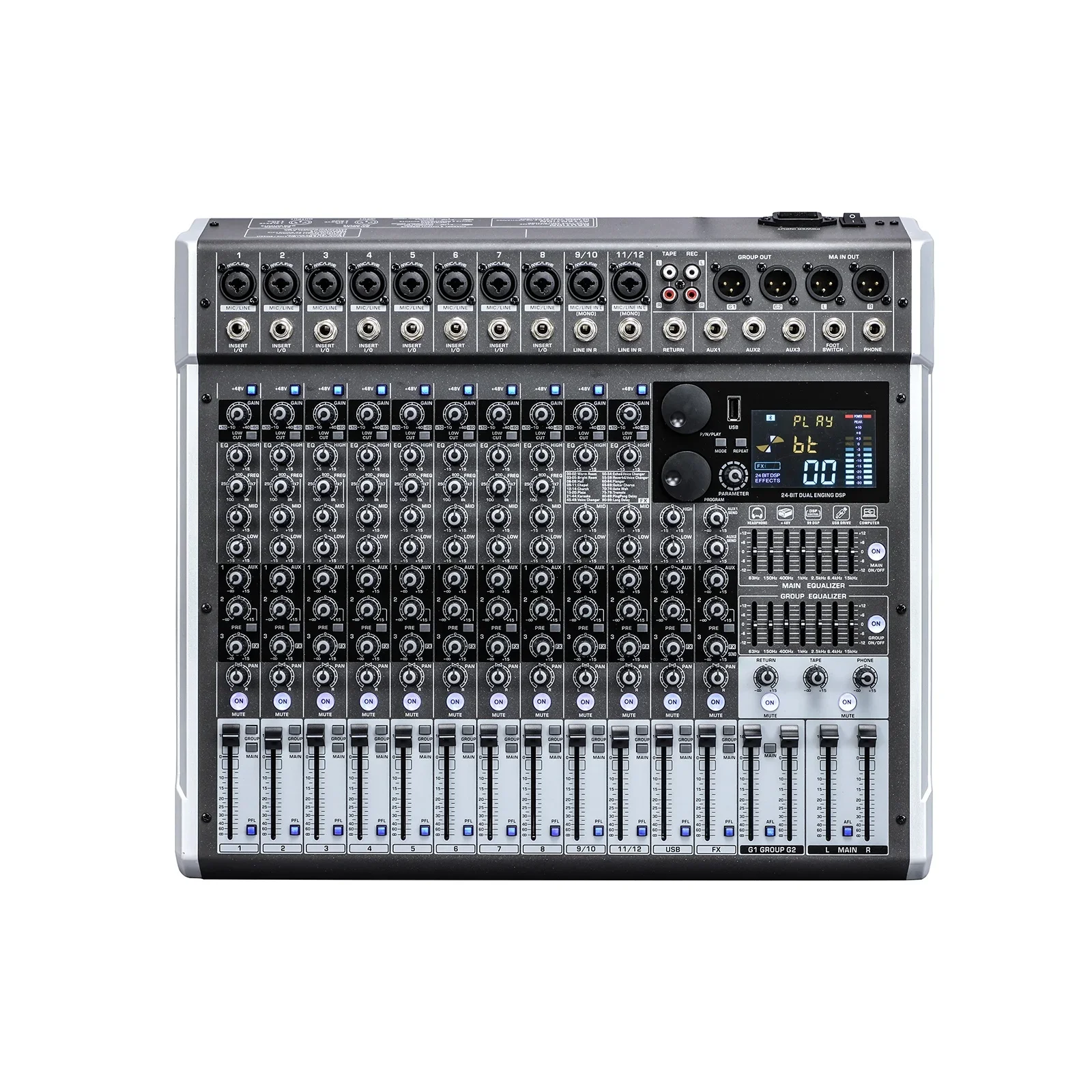 

HERO Series 8/12CH Blue-tooth Sound Mixer Console With 3 AUX/Dual 99DSP/2Group/4 Band EQ/ 48V Phantom Power Each Channel/Low Cut