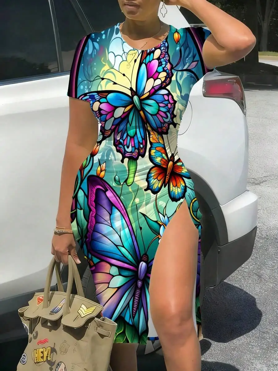 

Womens Midi Dress With High Slit Colorful Butterfly Print Short Sleeve Fitted Knit Dress