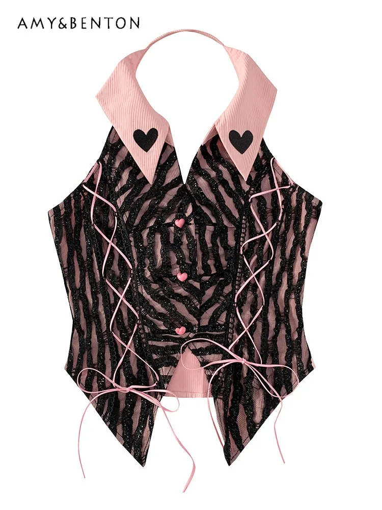 

American Hot Girl Black Pink Halter Backless Sexy Lace-up Polo Collar Vest Subculture Print High Waist Shorts Summer Goth Suit