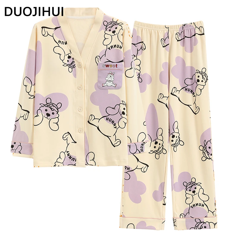 DUOJIHUI Chic with Chest Pad Casual Home Pajamas for Women Autumn New V-neck Cardigan Basic Pant Loose Simple Female Pajamas Set