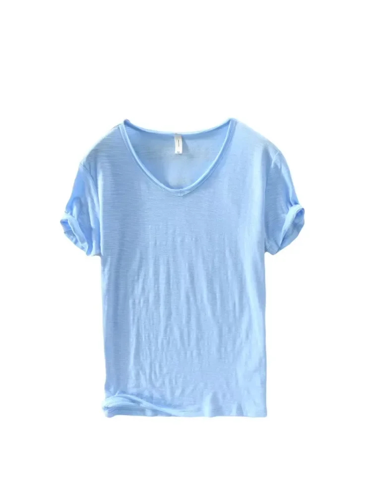 T-shirt Homme Neuf 2026 en Coton Bambou Fin Respirant Coupe Slim Décontracté Couleur Unie Manches Courtes pour Homme