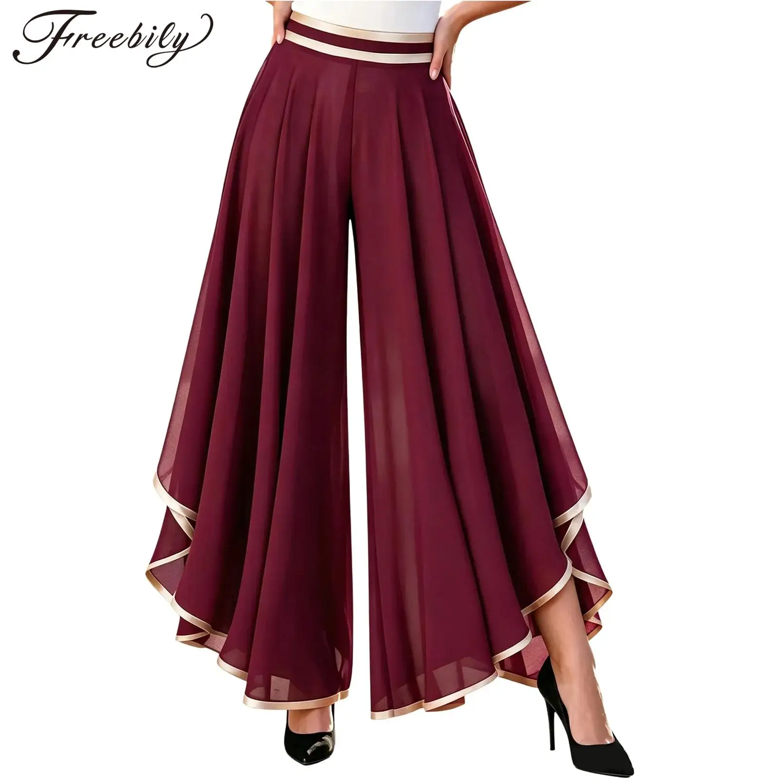 Elegant Women Wide Leg Pants Flowy Chiffon Palazzo Culottes Irregular High Waist Loose Pants Trousers Lyrical Dance Costume
