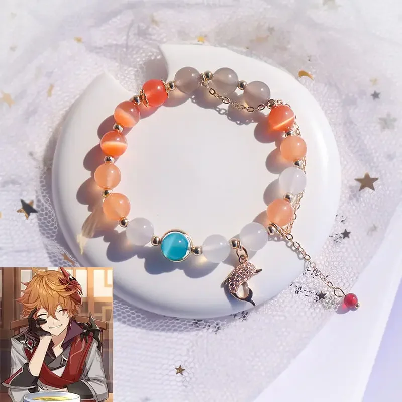 Game Impact Tartaglia Childe Fashion Fans Elegant Crystal Orange Beads Bracelet Handmade Elastic Rope Girls Birthday Jewelry