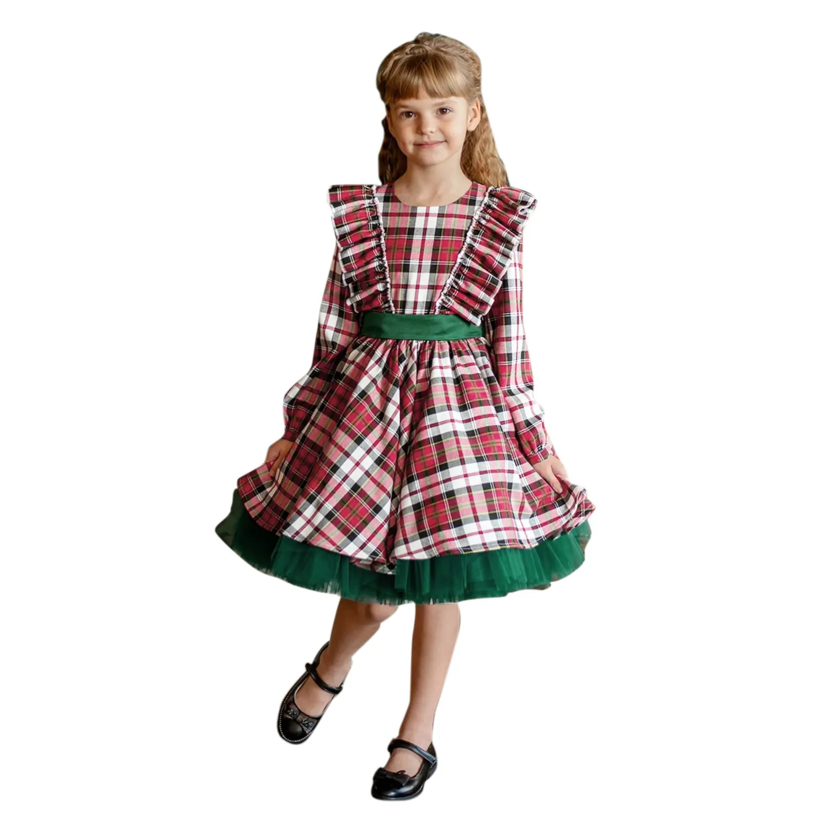 Girls 'Christmas Long Sleeve Plaid Prints Vestido de princesa, Xmas Party, Back Bowknot, Babados Vestidos, Outono, Inverno