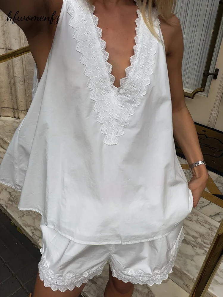 Casual Women's Lace Patchwork 2 Piece Shorts Sets V Neck Sleeveless Tank Top Wide Leg Short Pant 2026 Summer Lady Holiday Outfit