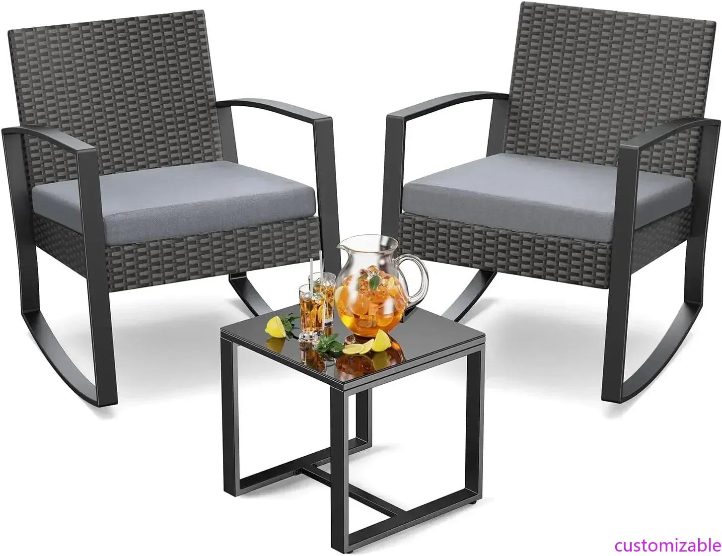 2025New Juego de muebles de mimbre para patio de 3 piezas, mecedoras para exteriores, muebles de exterior con mesa y cojines, sillas de patio y balcón