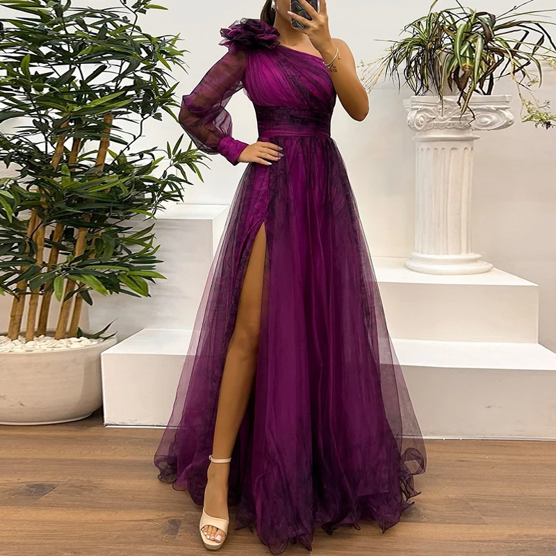 Vintage patroon bedrukte hoge taille lange jurk sexy asymmetrische mesh avondjurk nieuwe schoudermouwen plooien bruidsmeisjesjurk