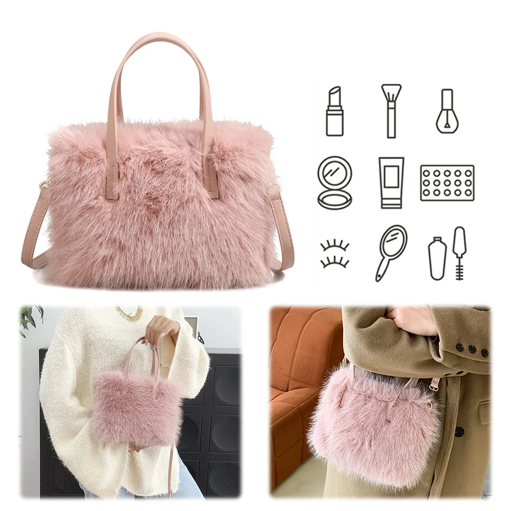 حقيبة كروس نسائية منفوشة من الفرو الصناعي حقيبة كتف بحزام قابل للتعديل حقيبة حمل صغيرة بلون سادة محفظة لحفلات السفر #1