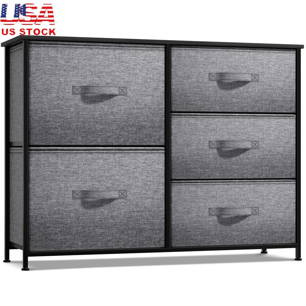 

Classic 5-Drawer Chest Organizer Portable Nightstand Lightweight Storage Solution Steel Frame MDF Wood Easy Assembly