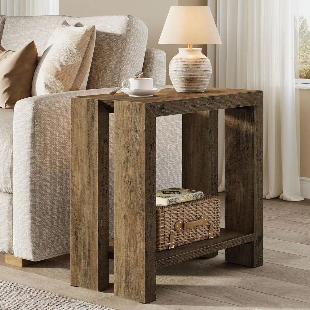 

2-Tier Slim Side Table, Wooden Sofa End Table with Bottom Shelf, Ideal for Accent Nightstand in Small Spaces, Living Room, Bedro