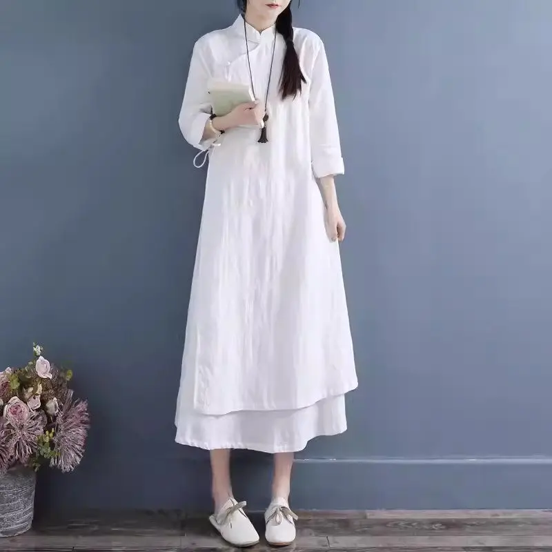 Chinese Style Button Up Improved Cotton And Linen Dress 2024 Spring Autumn Double Layered Artistic Retro Women's Clothing K1728