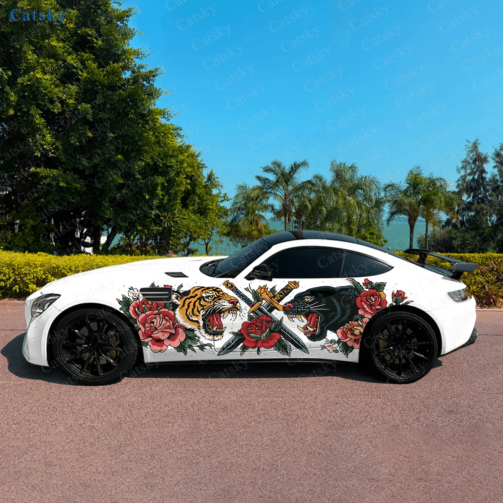 

Tiger Leopard Sword Flower Car Vinyl Wraps Decal Self-adhesive PVC Sticker Suitable for Trucks SUV Decor Auto Accessories Gift