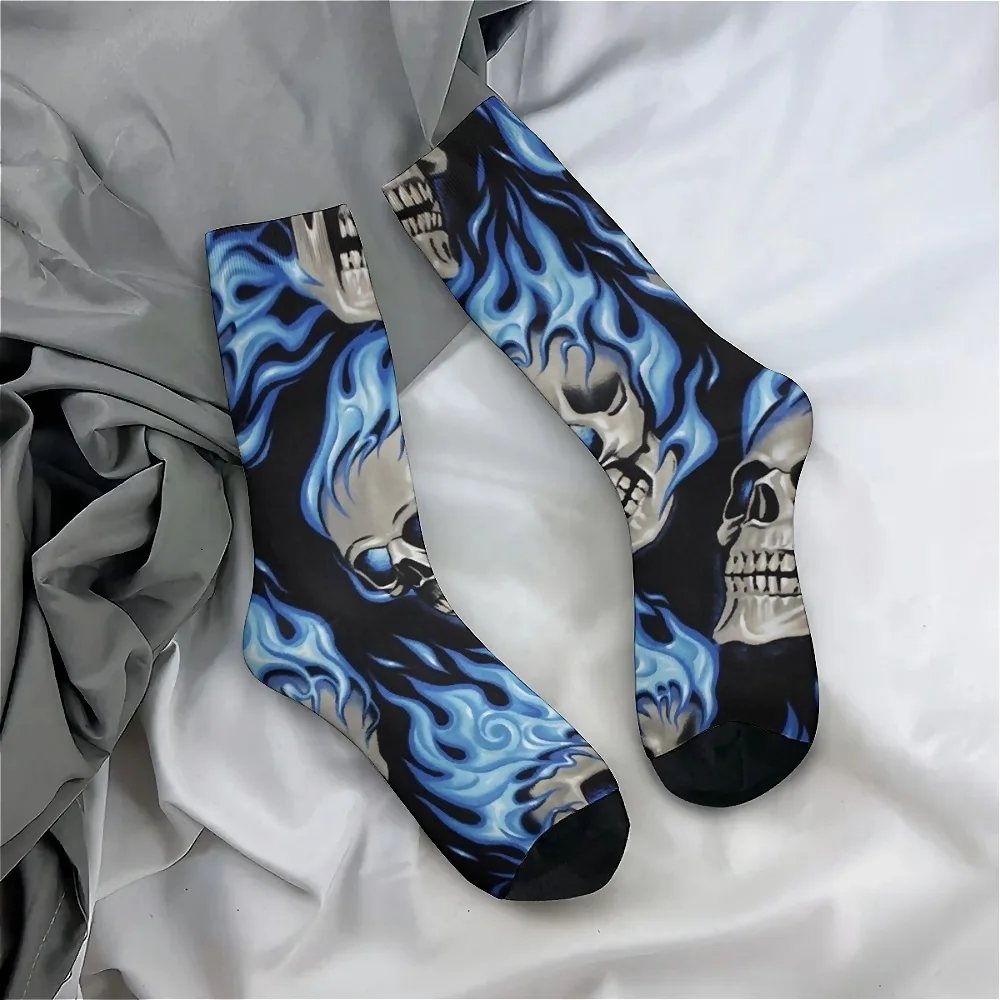 Blue Flame Skull Print Crew-Length Hosiery for Men and Women, Knit Polyester Fabric with Spandex, Machine Washable,