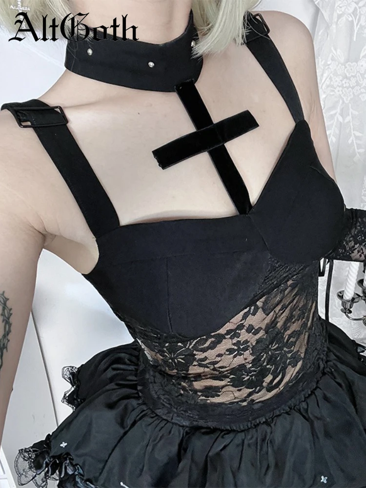 

AltGoth Gothic Dark Camisole Women Y2k E-girl Streetwear Hotsweet Cross Patchwork Lace Halter Crop Tank Top Grunge Indie Clothes