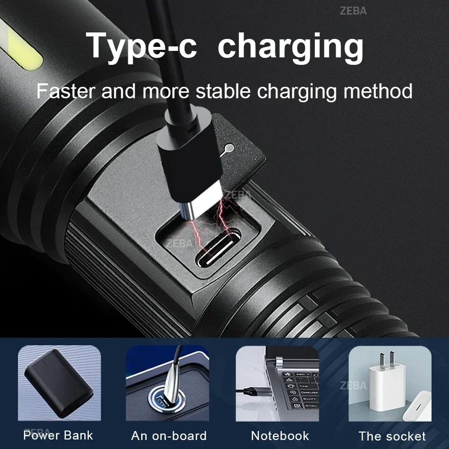 2000000LM White Laser Rechargeable LED Flashlight Fluorescent Strip Zoom High Power Flashlight Tactical Power Bank Camping light