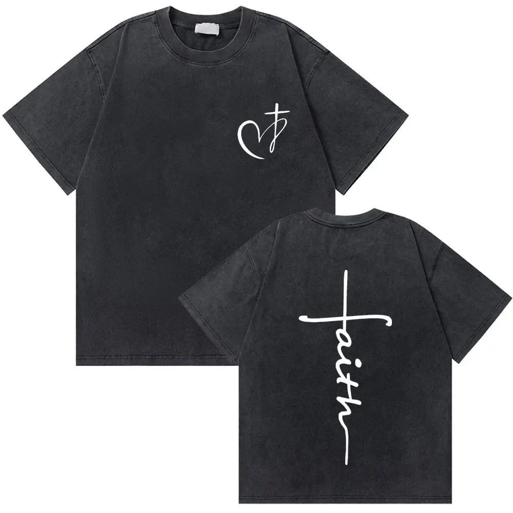 

Vintage Washed Christian Jesus Heart Bible Verse Graphic T-shirt Men Women Fashion Oversized Short Sleeve T Shirts Streetwear