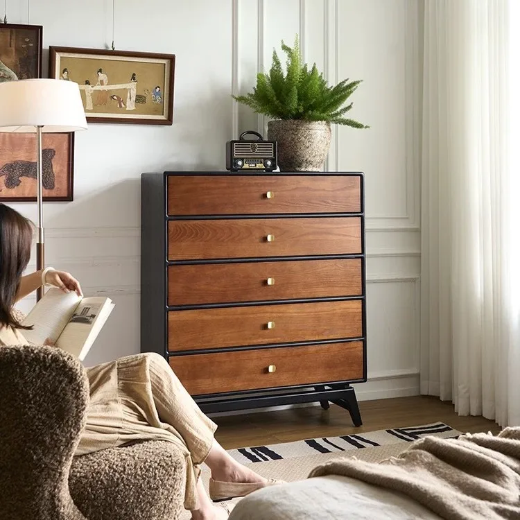 Vintage solid wood five-drawer cabinet, vintage style two-tone color storage cabinet for living rooms, integrated household stor