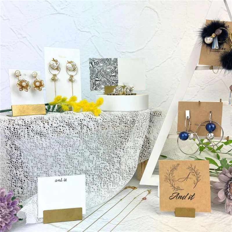 ABJI-Place Card Holders Brass 40Pcs Wide Size Vintage Table Card Holder Antique Small Table Card Stands Memo Price Tags