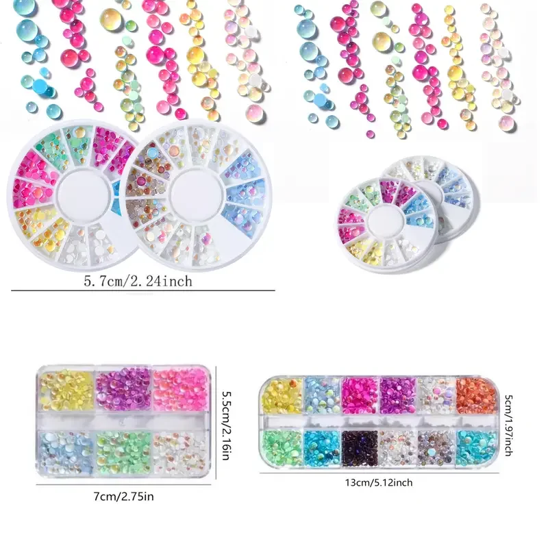 1pc 6-Grid 12 Grid Turntable Glass Nail Diamonds, 6 Styles, Rainbow Semi-Circular Mermaid Bubble Beads, Five Petal Flow