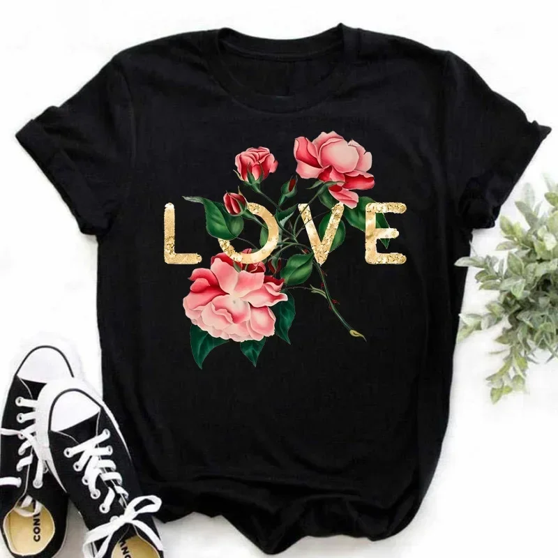 Love Flower Letters Fashion Base Shirt Large Size Women's T-shirt Oversized T Shirt Kawaii Clothes Aesthetic Pro Choice Tops Tee