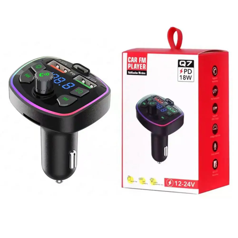 Bluetooth-compatible 5.0 Car FM Transmitter PD 18W Type-C Dual USB 4.2A Fast Charger Colorful Ambient Light Cigarette lighter