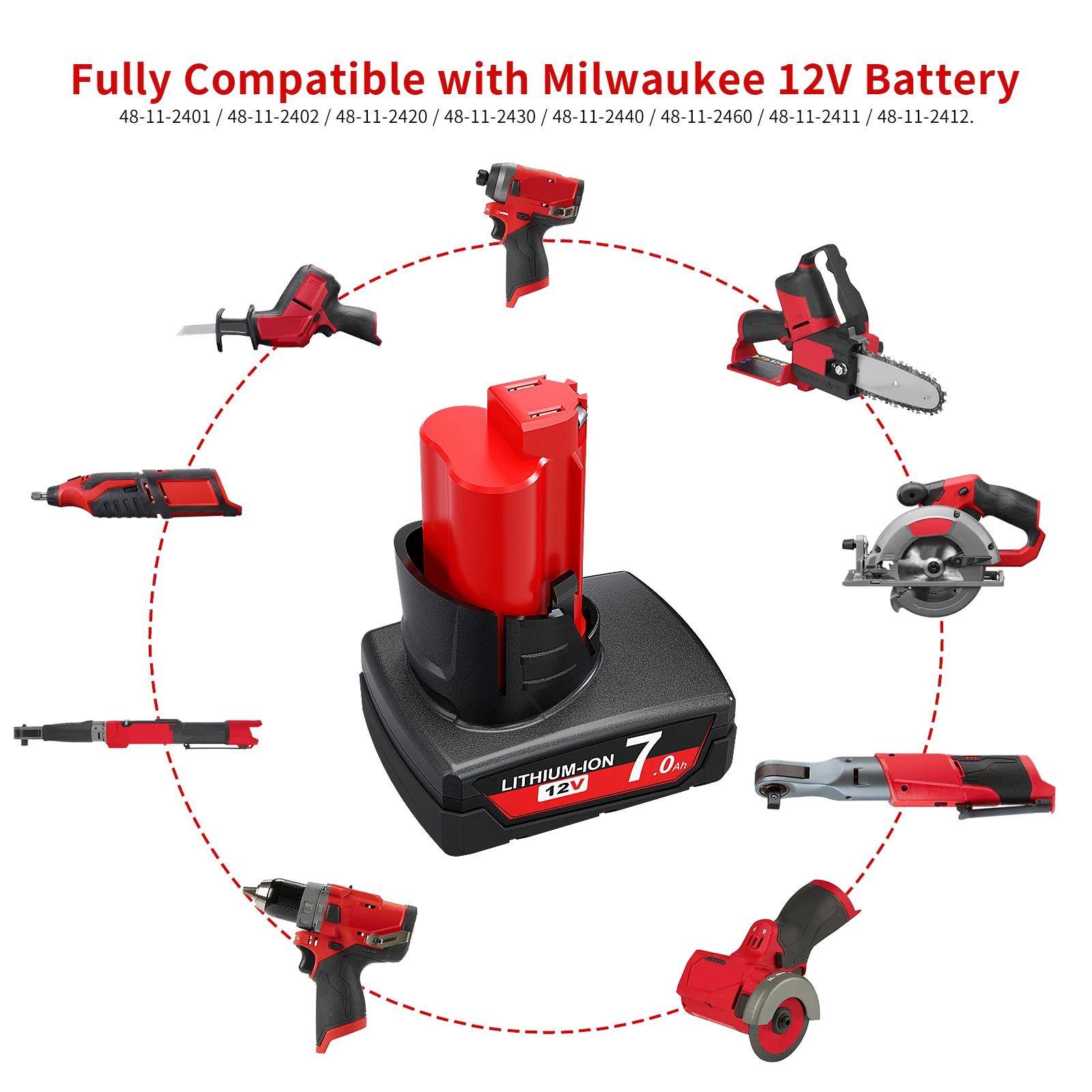 For Milwaukee M12 Rechargeable Battery 7000mAh For 12V Cordless Tools 48-11-2402 48-11-2411 48-11-2401 MIL-12A-LI 7.0Ah Battery