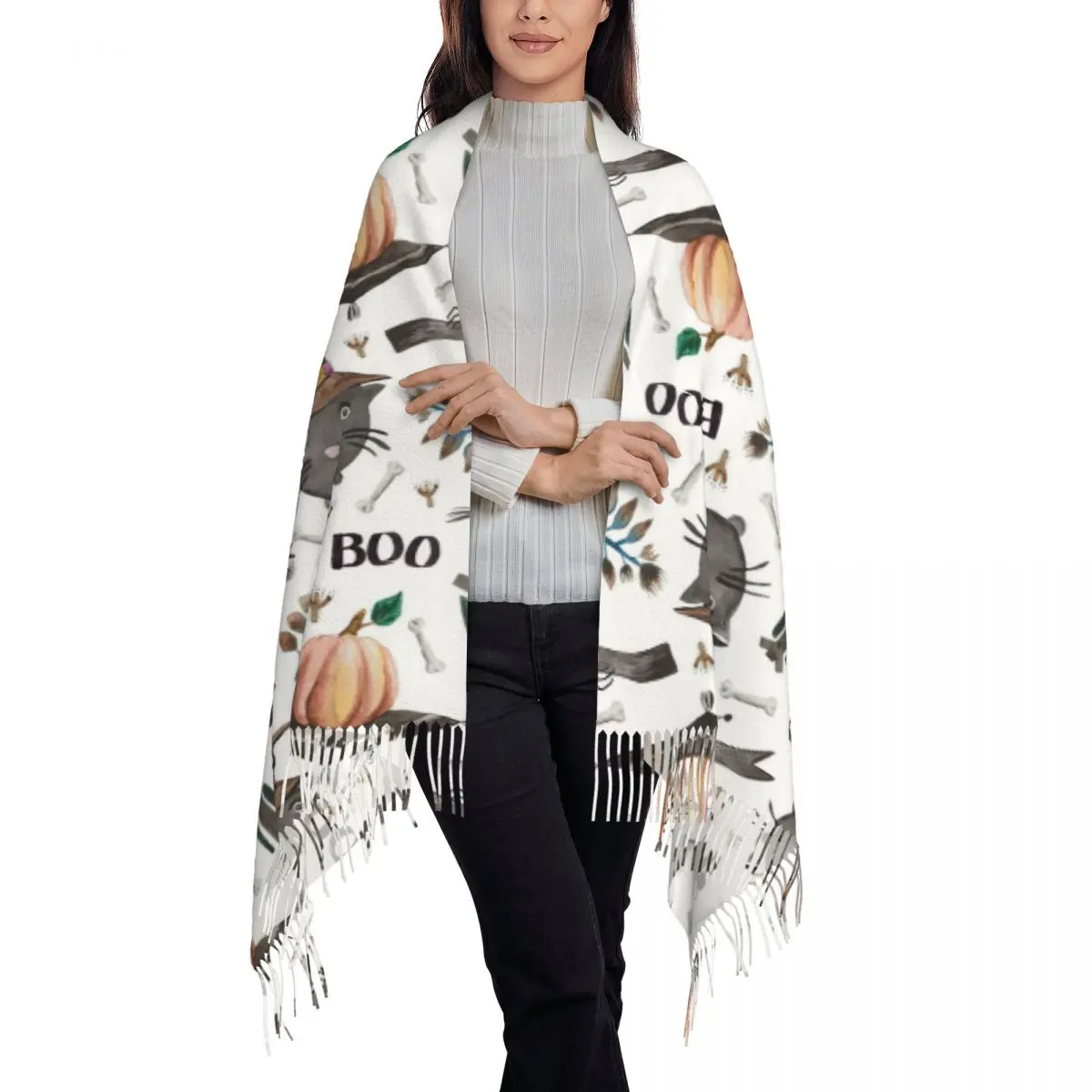 Witch Black Cat Pumpkin Halloween Pattern Scarf Tassel Scarves Women Soft Warm Shawls and Wraps Long Fall Winter Shawl Wrap