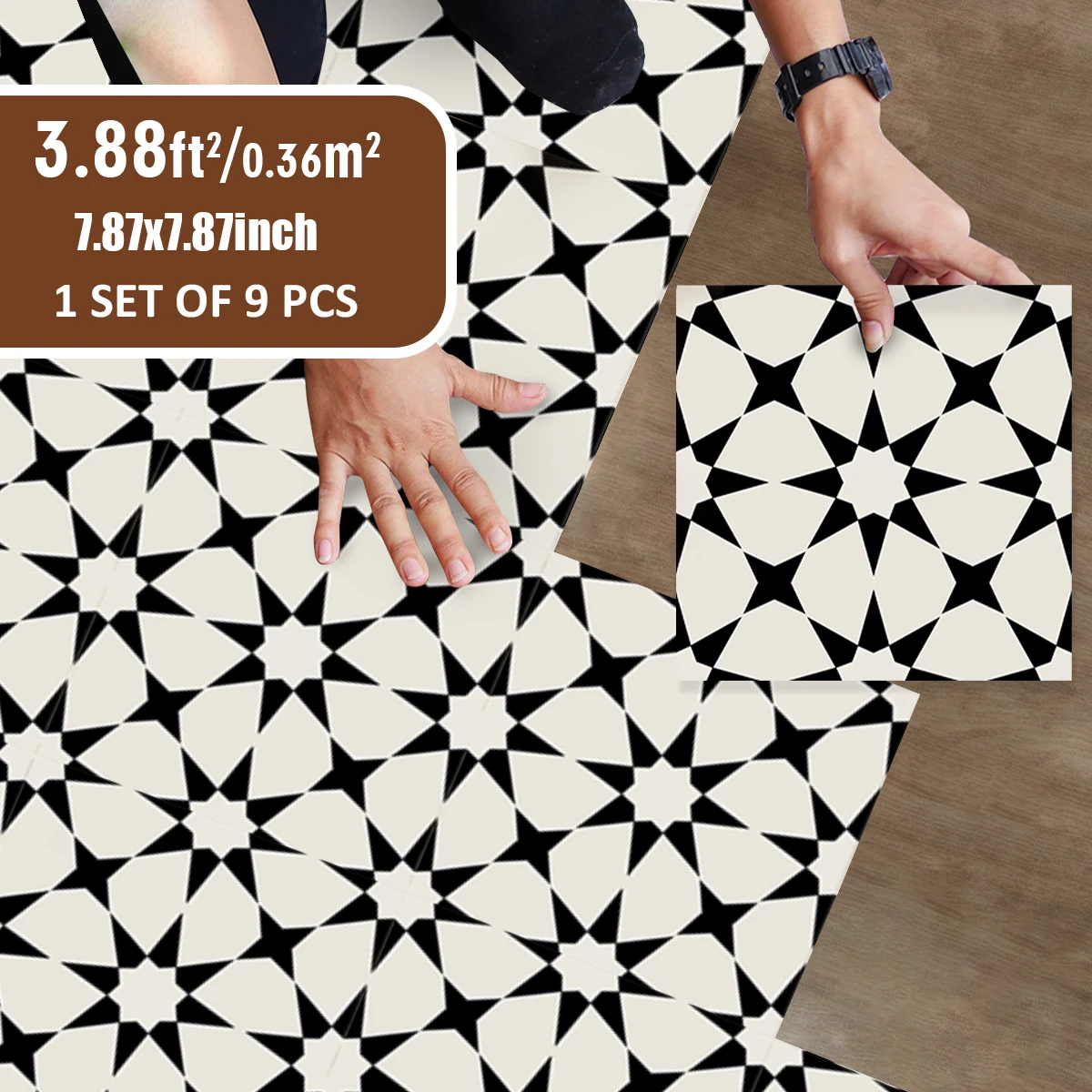 9PCS Scandinavian Style Self-adhesive Waterproof Floor Stickers Home Decoration Black Star Printed Pattern Non-slip Floor Tile S