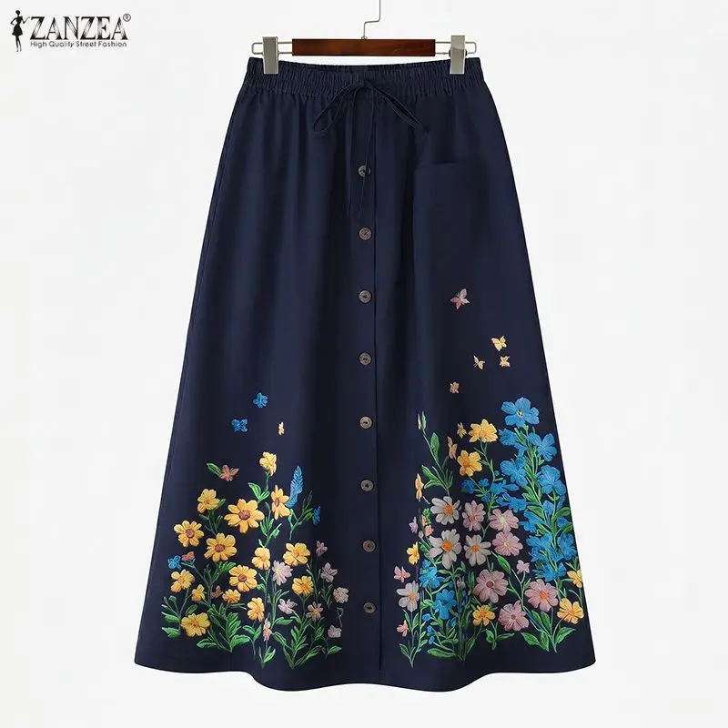 Fashion Floral Print Women Skirts ZANZEA Long Skirt A-line Elastic Waist Bottoms OL Work Party Streetwear Oversize S-3XL