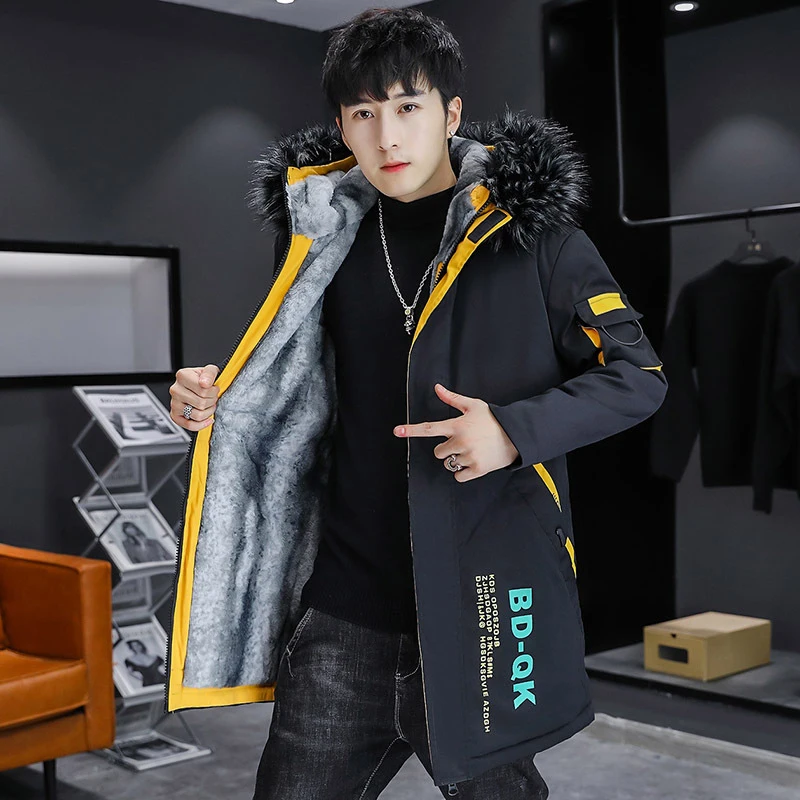 Winter Men\'s Long Padded Jackets Fashion Man Thermal Hooded Coats Classic Men Fur Collar Fleece Lined WarmJackets Clothing 5XL