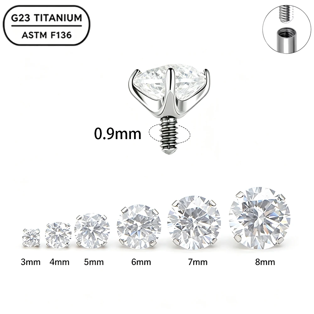 1PC ASTM F136 Titanium 0.9mm Threaded Replacement Top Multicolor Round CZ Prong Helix Tragus Cartilage Labret Piercing Jewelry